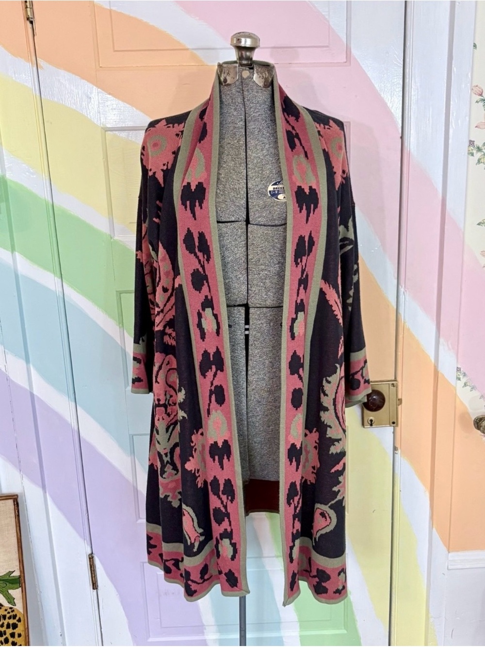 Soft Surroundings Longline Paisley Jacquard Knit Cardigan Frog Closure M💚🎀